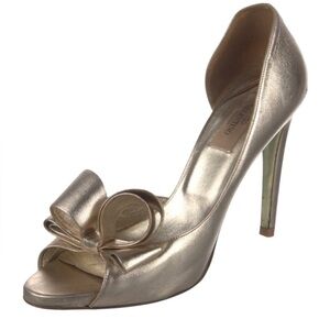 Valentino Gold Metallic Leather D'Orsay Pumps Bow Peep Toe Heels EU 38.5 US 8.5